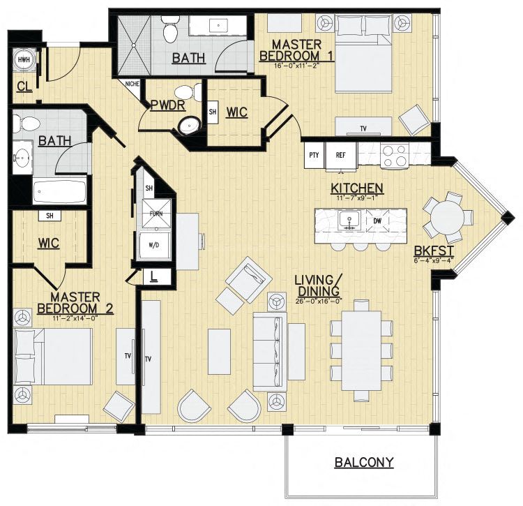 Floor plan for 2 beds, 2.5 baths, 1433 sqft